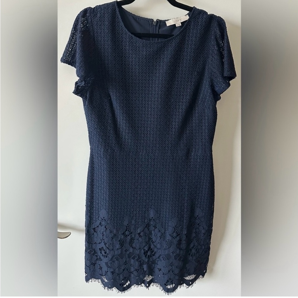 LOFT Navy Lace Short Sleeve Shift Dress